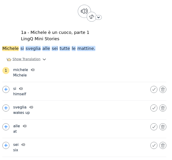 LingQ Italian Sentence View with color-coded vocabulary and lesson and word audio controls