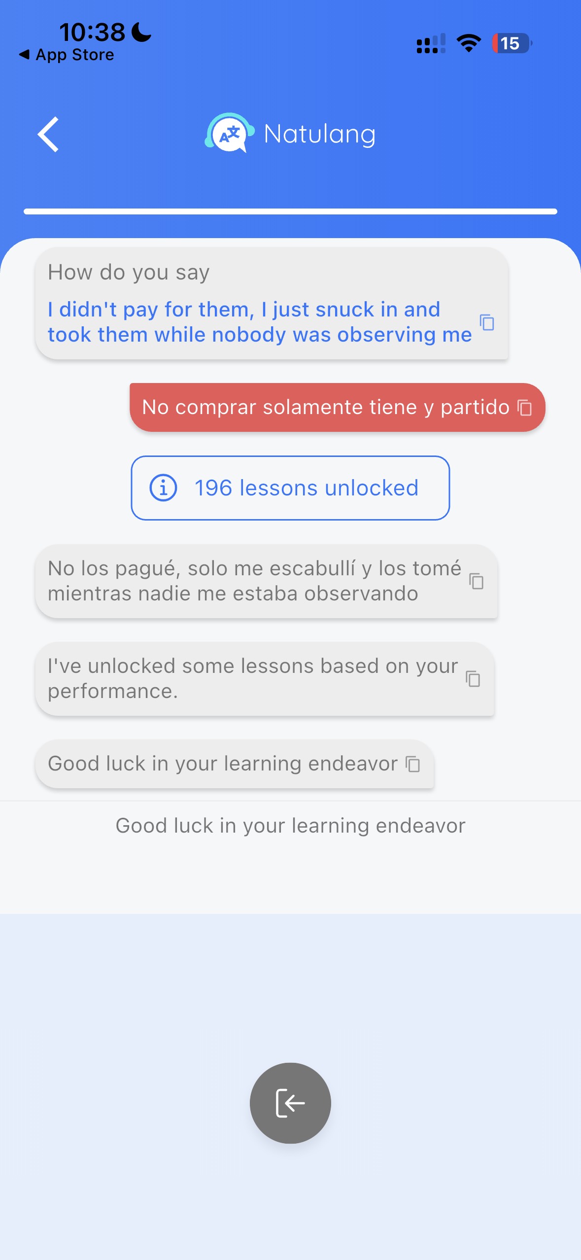 Natulang placement test result showing 196 Spanish lessons unlocked