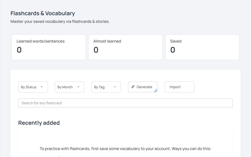 Langua’s current web Flashcards and Vocabulary dashboard with progress totals, filters, generation, import, and search controls.