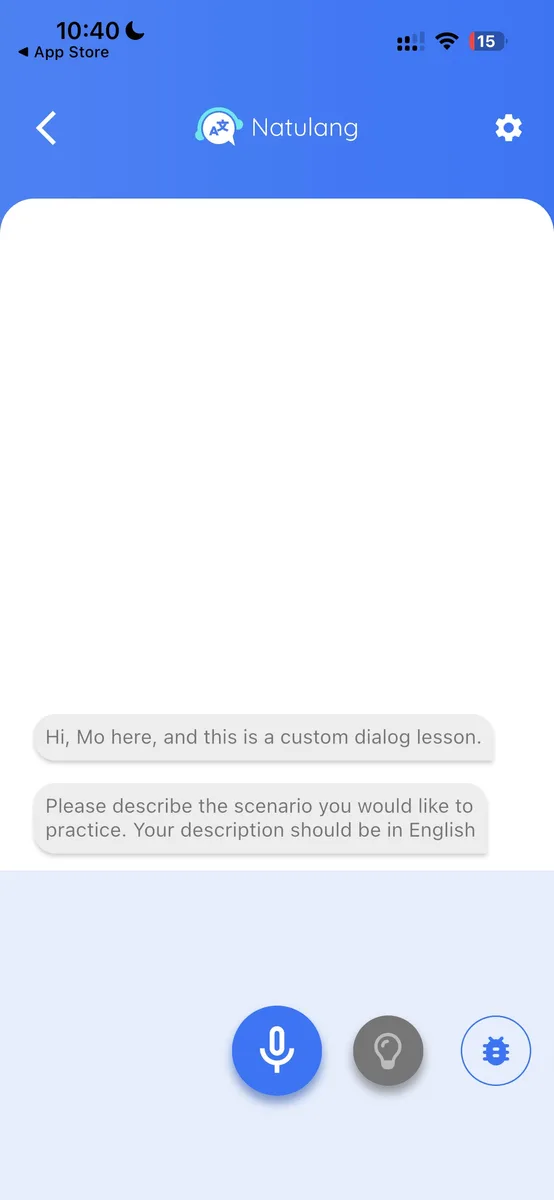 Natulang Free Dialog asking for a custom practice scenario in English