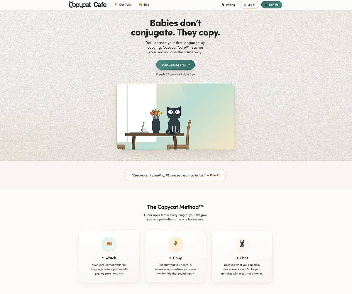 Copycat Cafe homepage showing a structured language learning app interface