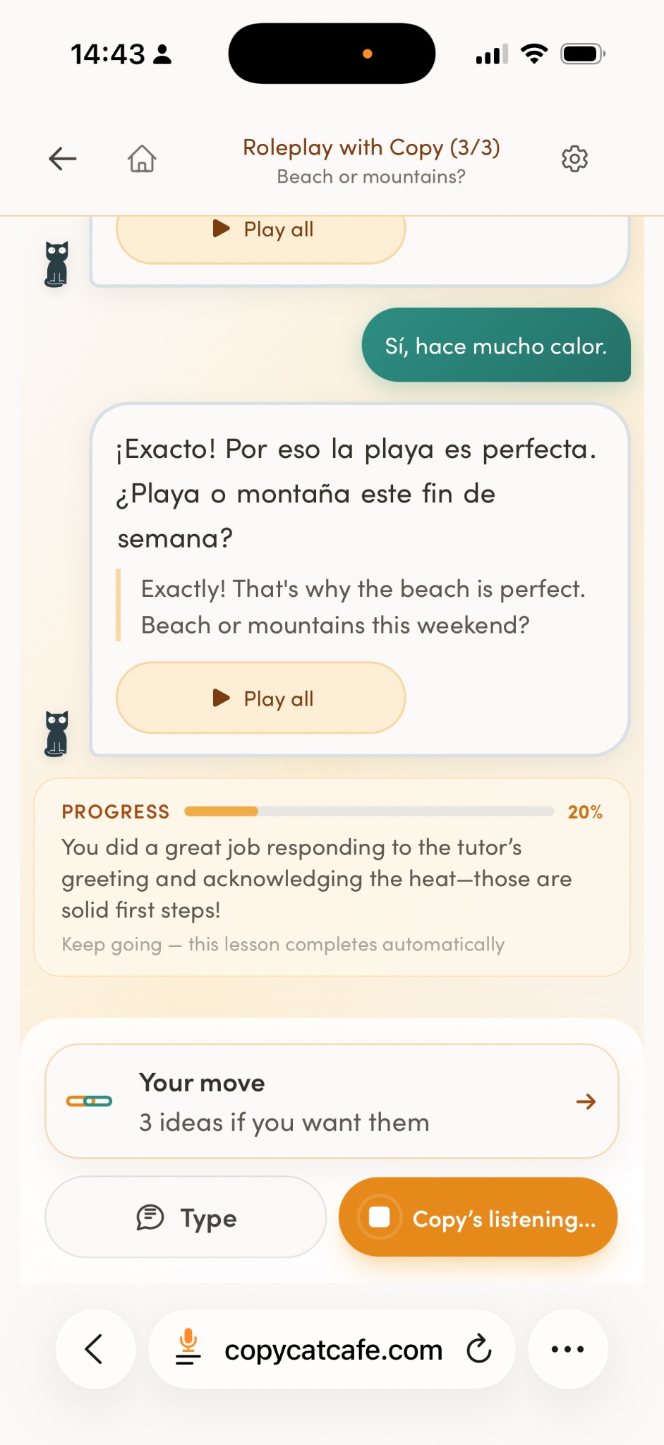 Copycat Cafe Roleplay with Copy showing a guided Spanish conversation and lesson progress.