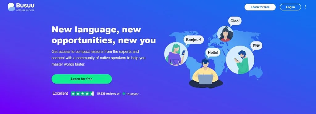 Busuu homepage showing its language course options with personalized learning plan features