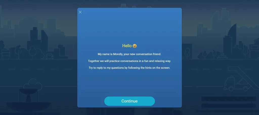 Mondly's AI chatbot welcome screen, where you reply to its prompts to practice conversations
