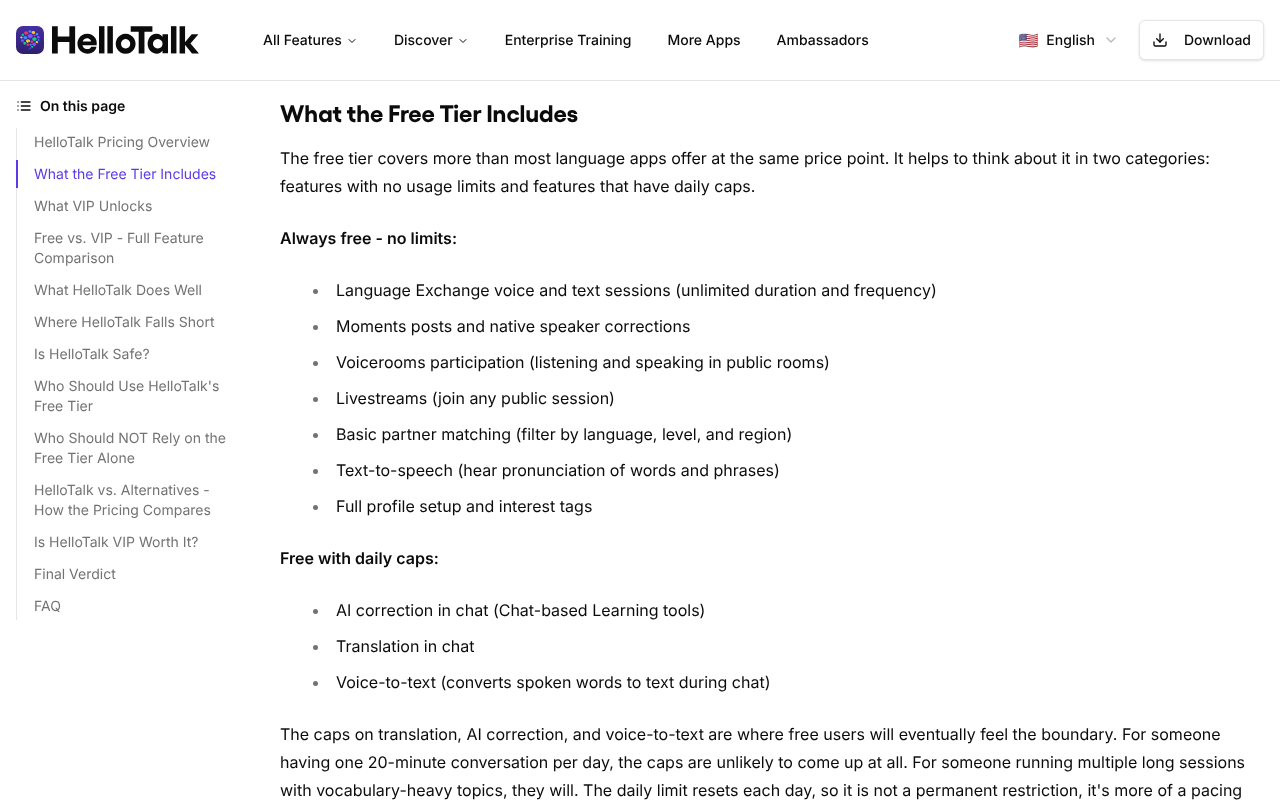 HelloTalk official 2026 free-tier features section