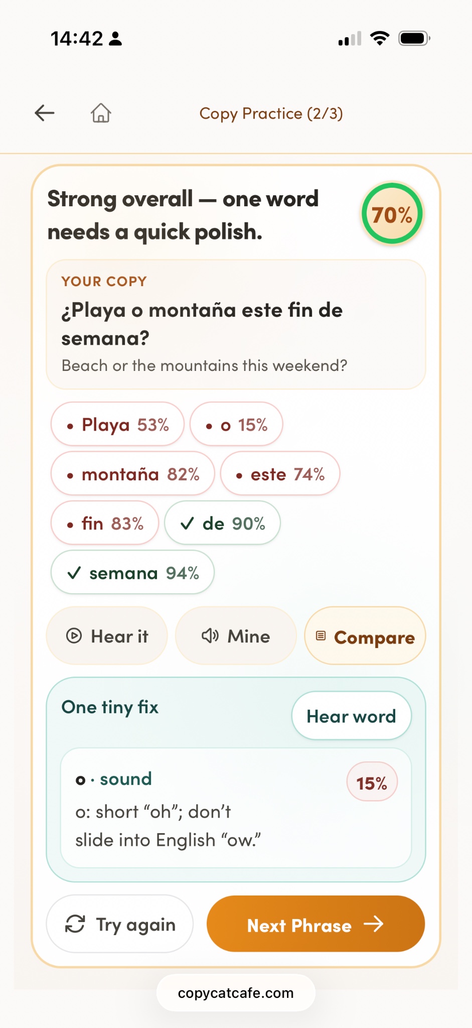 Copycat Cafe Copy Practice showing a pronunciation score and word-level feedback for a Spanish phrase.