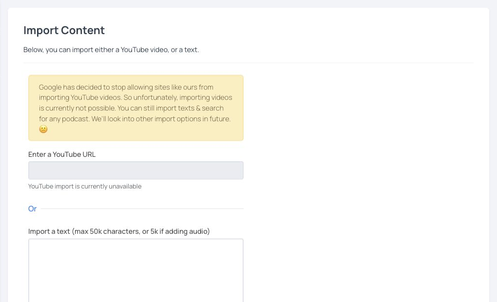 Langua’s current web import form showing that YouTube imports are unavailable while text imports remain available.