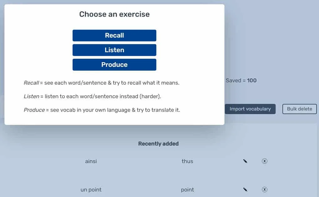 Flashcards include three exercises: Recall, Listen, and Produce.