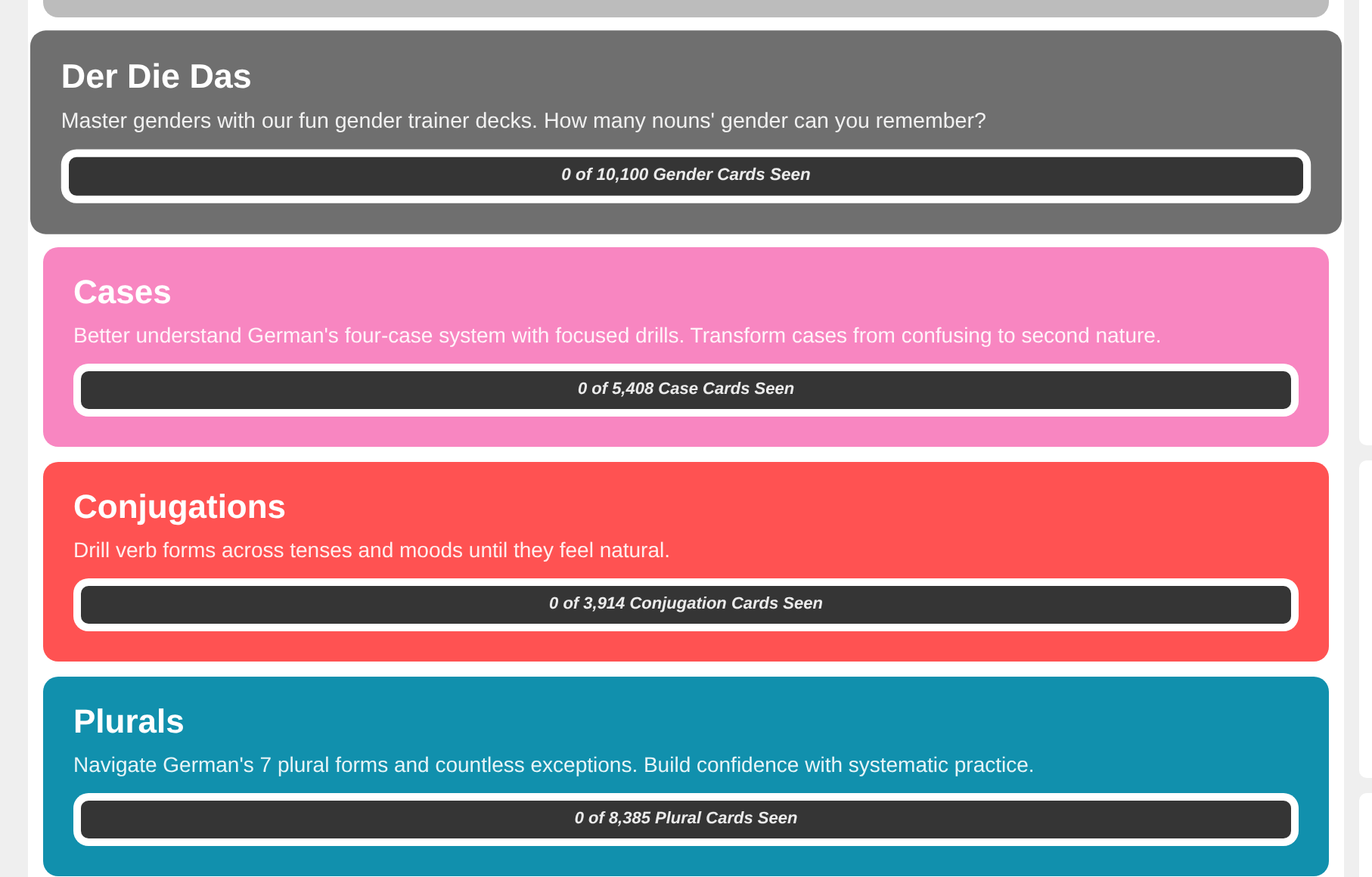 Seedlang German grammar trainers for gender, cases, conjugations, and plurals