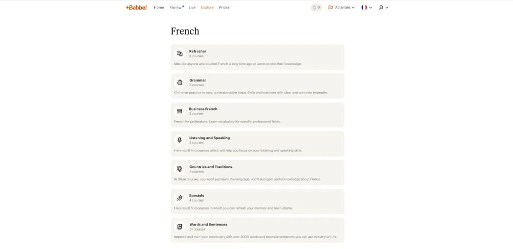 A list of French lessons by subject on Babbel