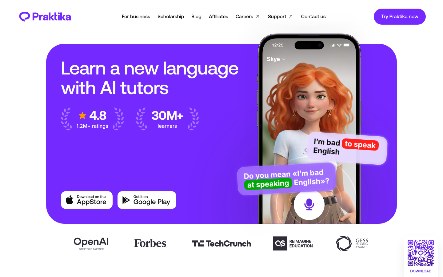 Praktika homepage presenting language practice with AI tutors
