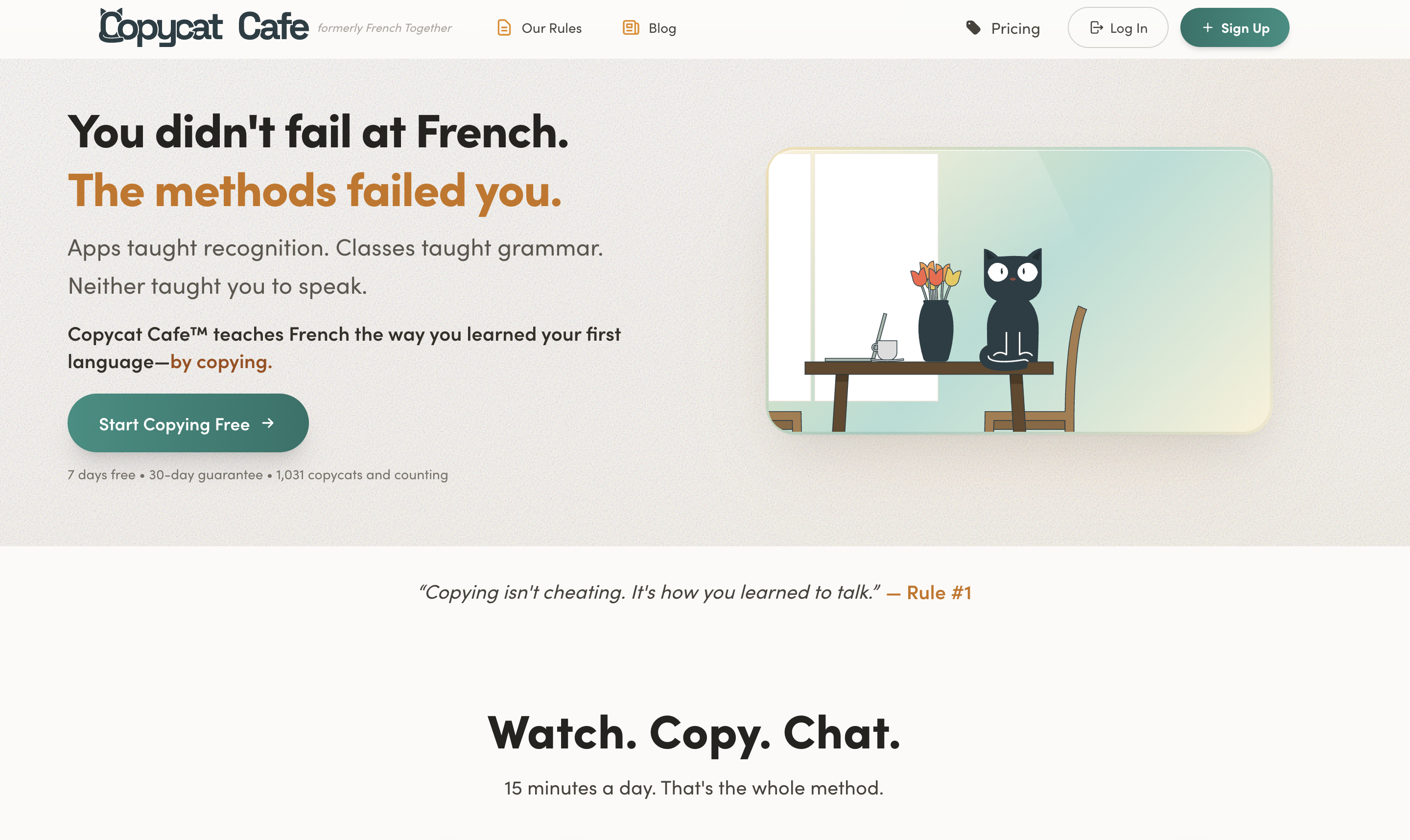 Copycat Cafe app showing a French conversation lesson with dialogue text and audio playback controls