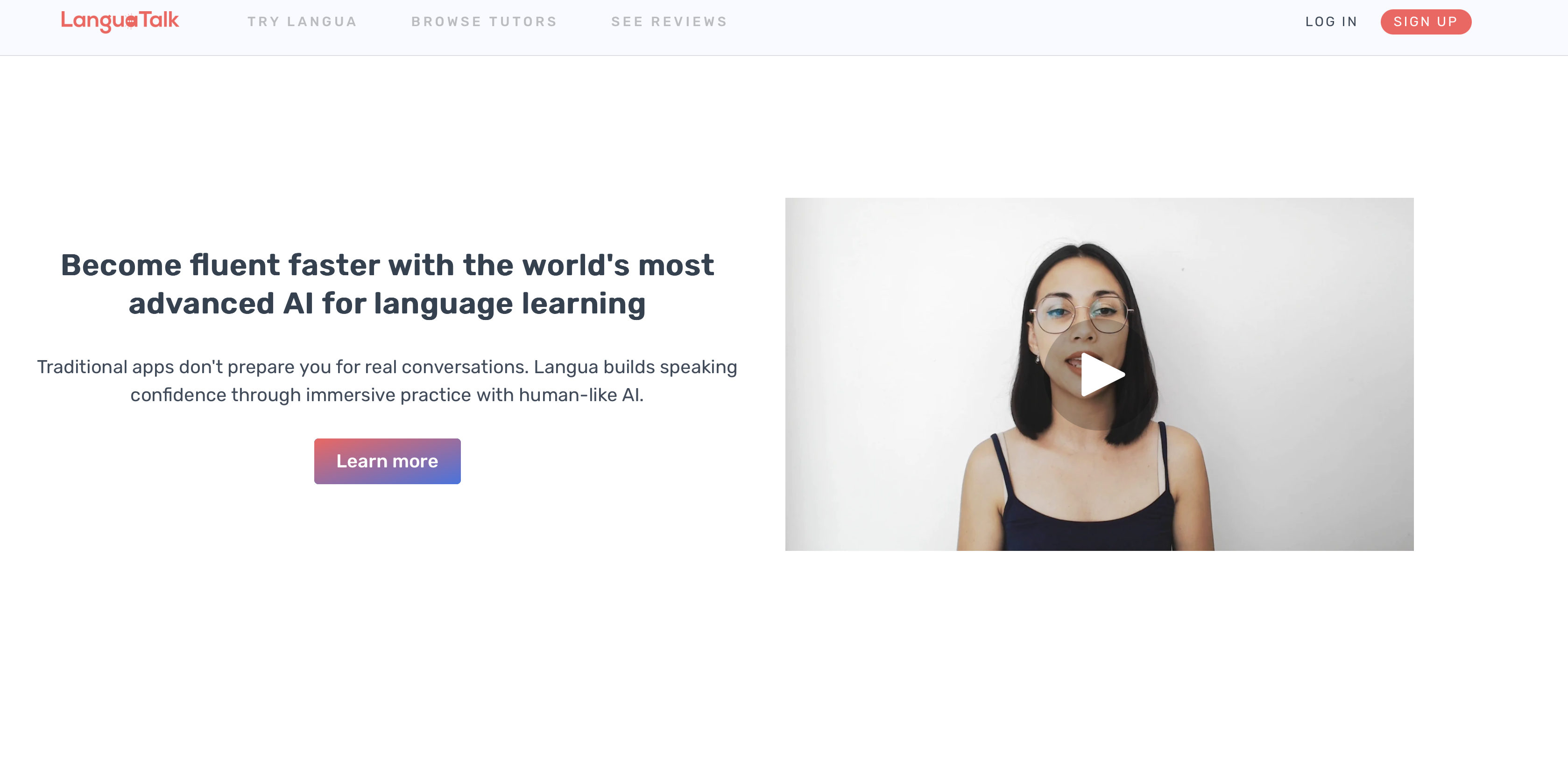 Langua app dashboard showing AI chatbot conversation practice and vocabulary learning tools