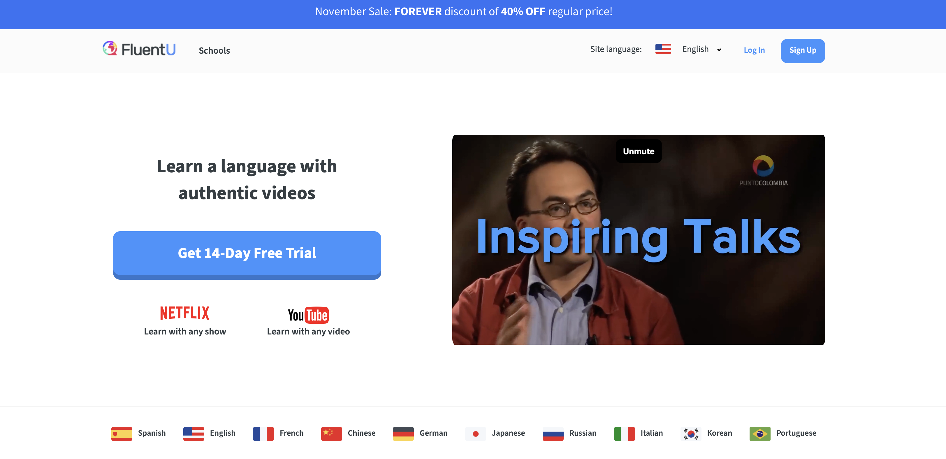 FluentU app showing a video lesson with interactive subtitles and vocabulary tools