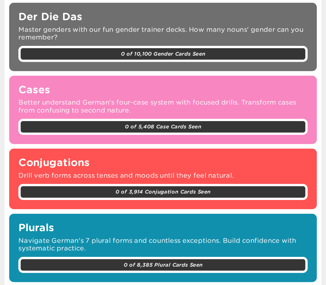 Seedlang German trainer cards for noun gender, cases, conjugations, and plurals