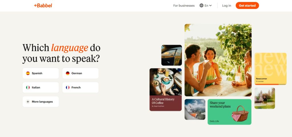 Babbel homepage promoting its structured language courses with a sign-up call to action