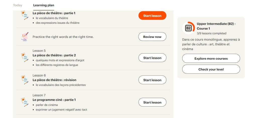 Babbel lesson interface showing course levels and learning goals