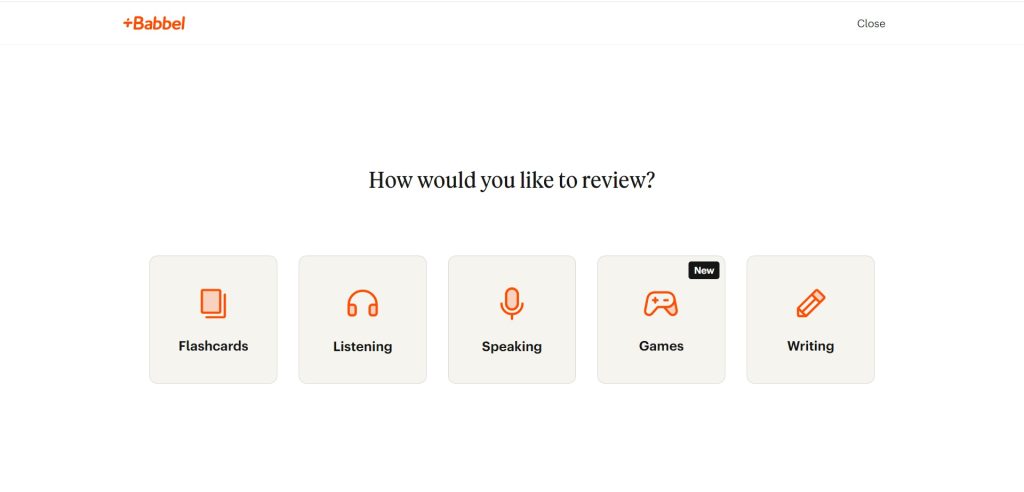 Babbel review options showing flashcards, listening, speaking, games, and writing