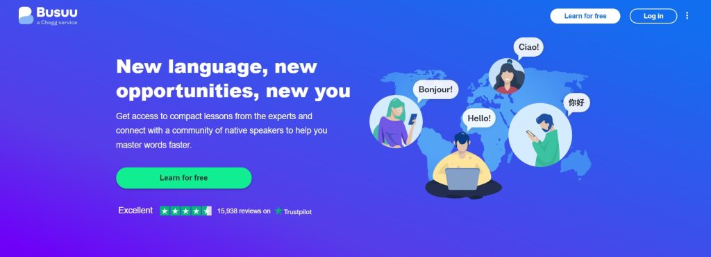 Busuu homepage showing its language course options with personalized learning plan features