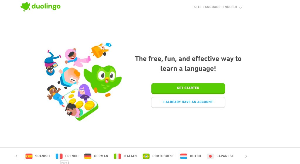 Duolingo homepage with colorful character illustrations emerging from a smartphone