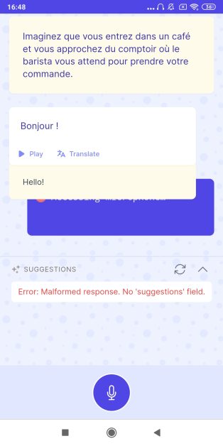 Gliglish mobile app displaying an error message during a French conversation session