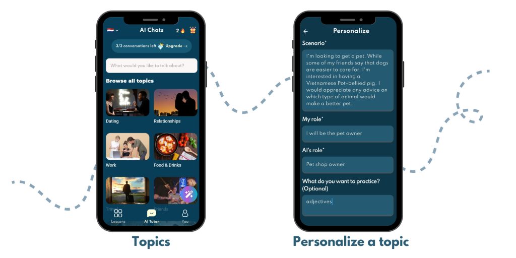 You can pick a topic or personalize your own for the AI chats