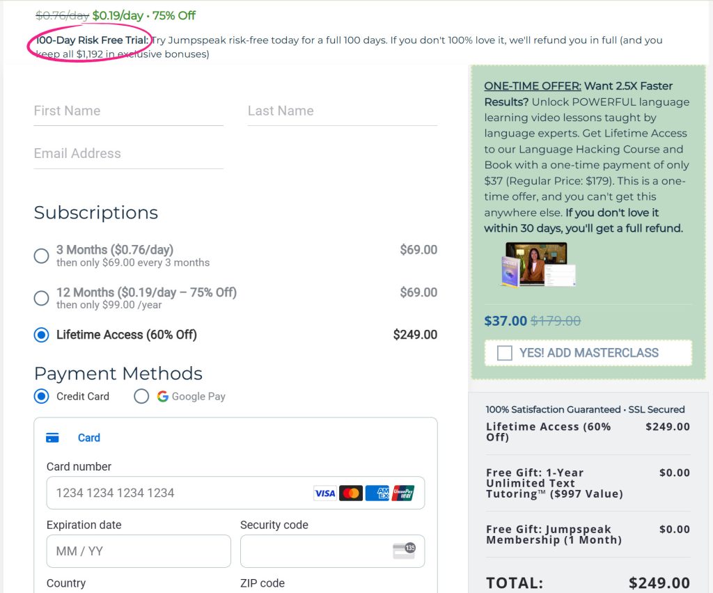 Jumpspeak pricing screenshot showing three-month, annual, and lifetime plans