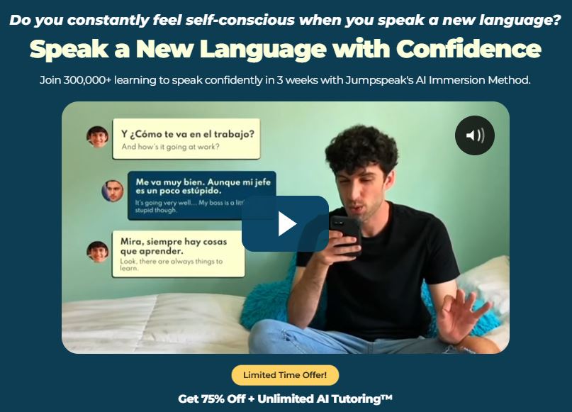Jumpspeak promotional website screenshot showing a 75% discount and unlimited AI Tutoring
