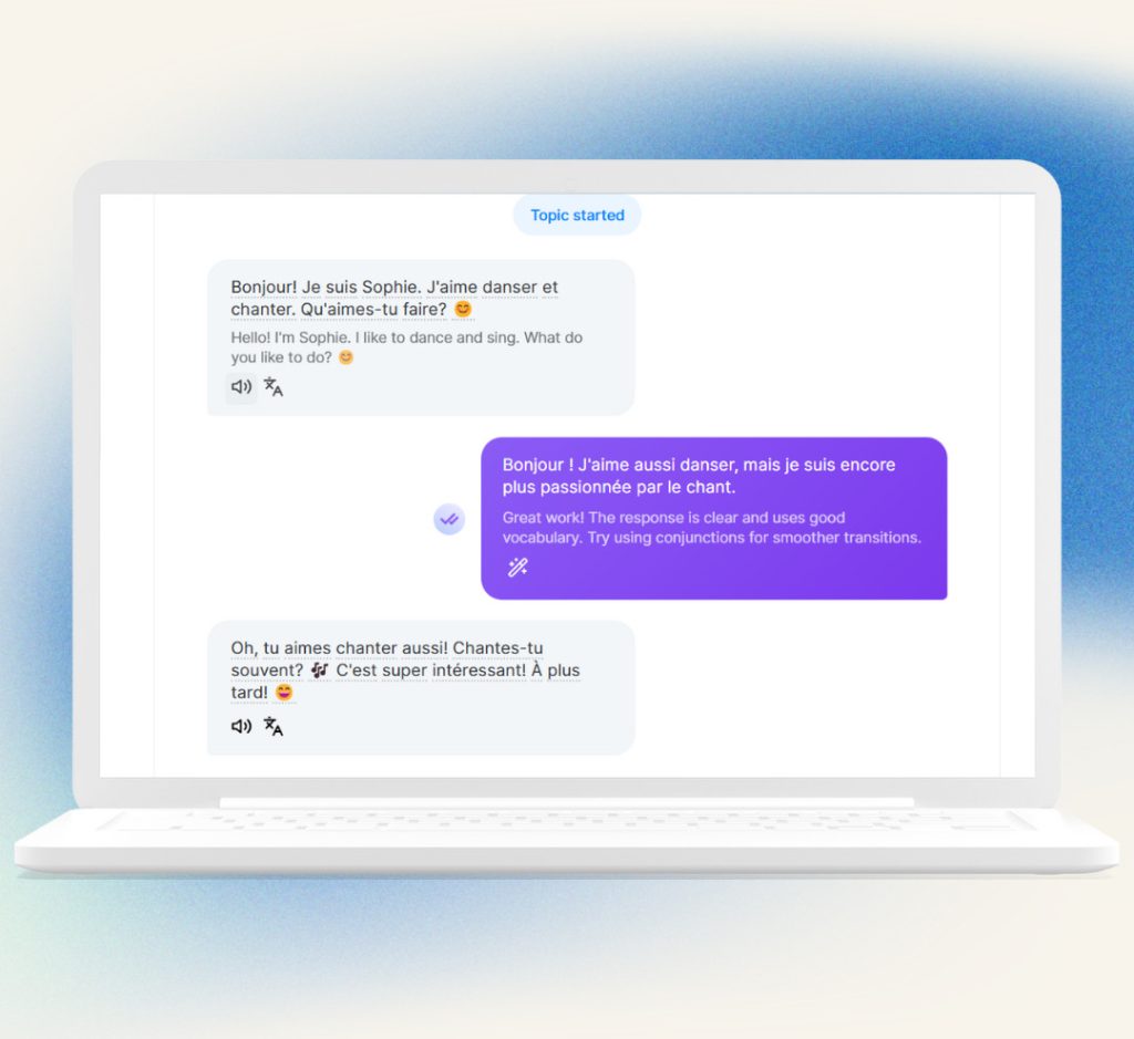 A conversation with a Langotalk chatbot in French.