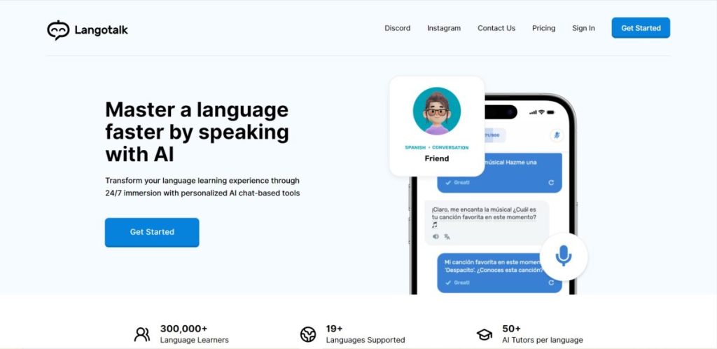 Langotalk homepage featuring AI language tutors and conversation practice options