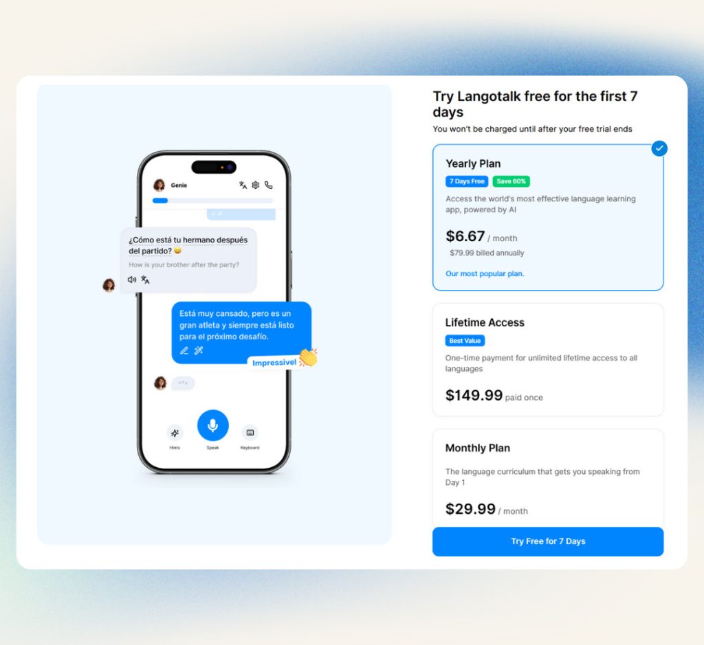 Langotalk offer three subscription options: yearly, monthly, and lifetime plans.