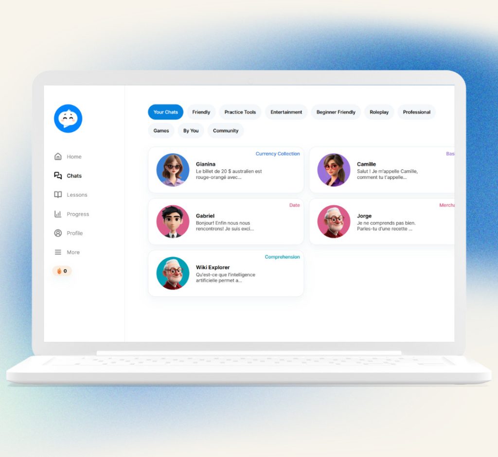 Langotalk's chat dashboard showing its AI conversation bots and practice categories for language learning