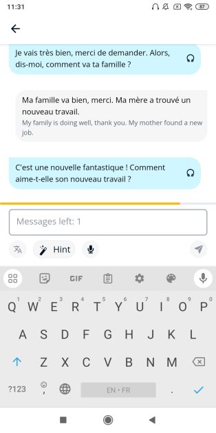 Memrise AI mobile conversation showing a correct French response about family
