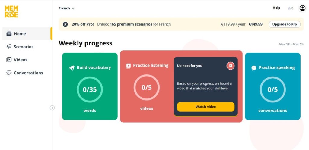 Memrise personalized homepage displaying learning progress, upcoming lessons, and course recommendations