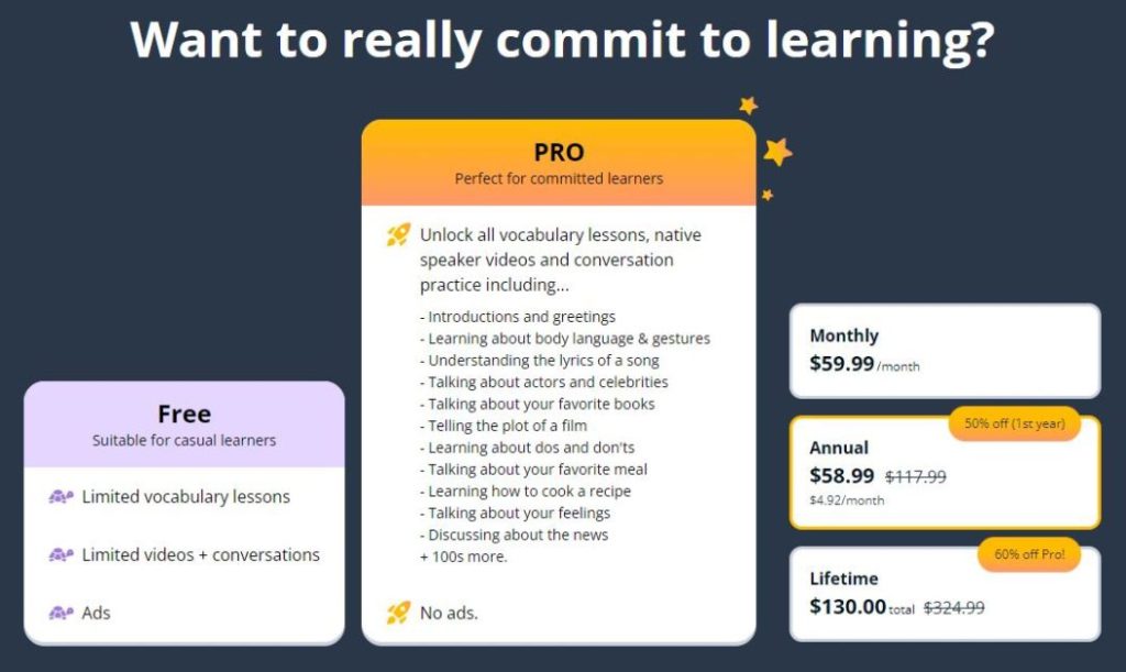 Memrise pricing page with free and Pro subscription options including monthly, annual, and lifetime plans