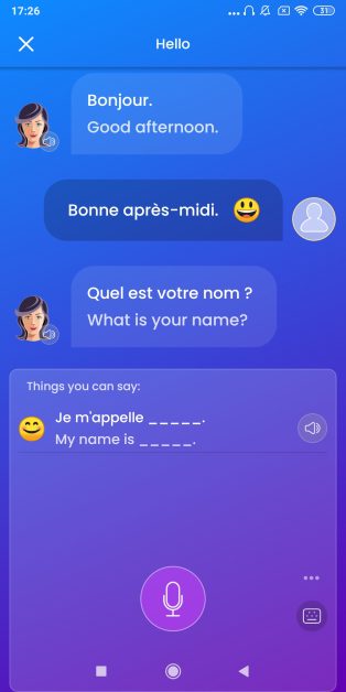 Mondly French chat interface showing vocabulary choices and English translations
