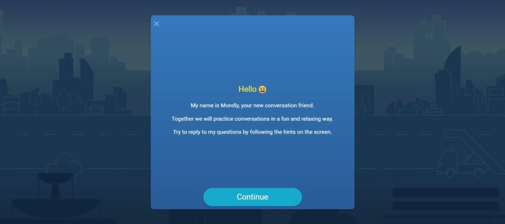 Mondly's AI chatbot welcome screen, where you reply to its prompts to practice conversations