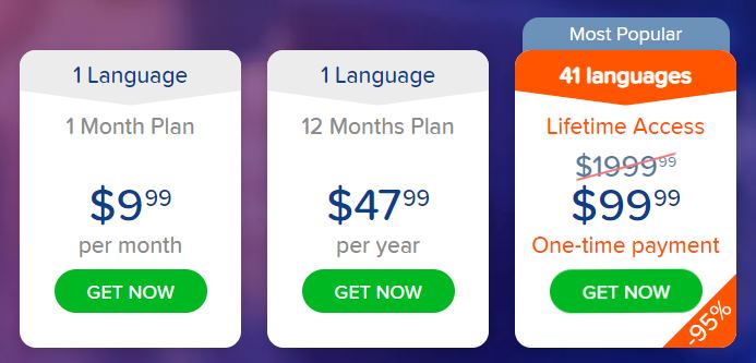 Mondly pricing page showing available Premium subscription plans and discount options