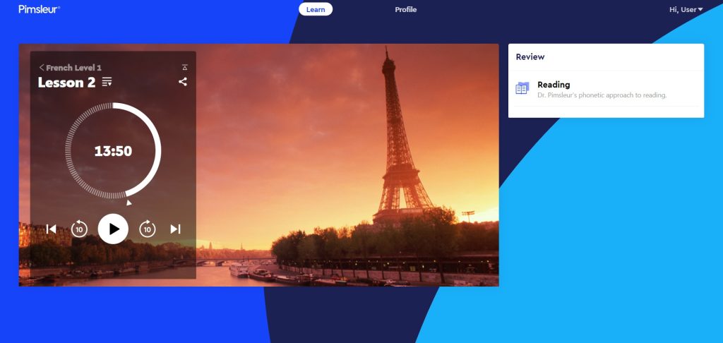 Pimsleur French lesson screen with an Eiffel Tower photo, audio play button, and a sidebar with reading guide options