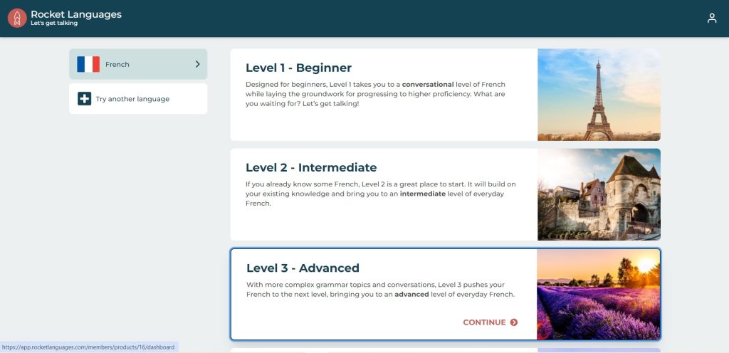 Rocket Languages dashboard showing personalized lesson progress, course modules, and learning statistics