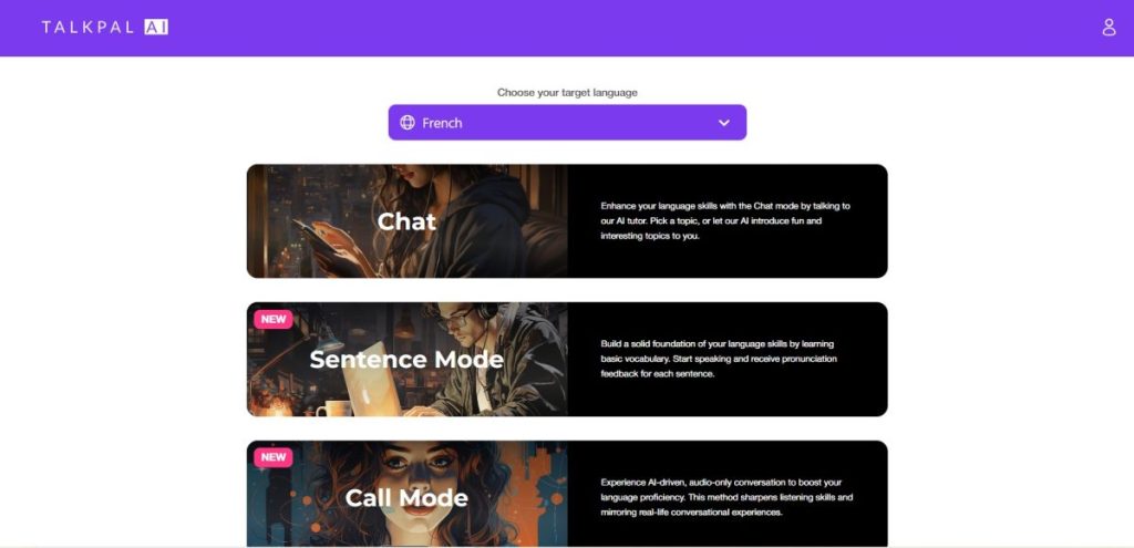 Talkpal AI home screen showing its Chat, Sentence Mode, and Call Mode options for language practice