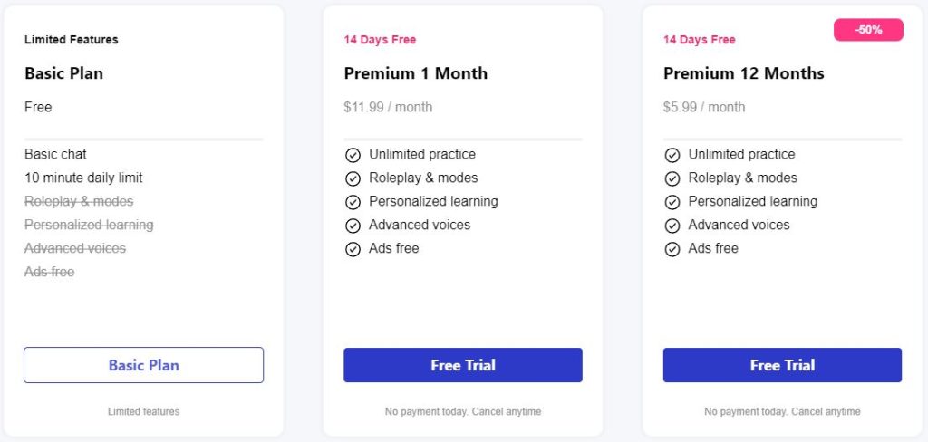 Talkpal AI pricing page comparing free and premium subscription plan features