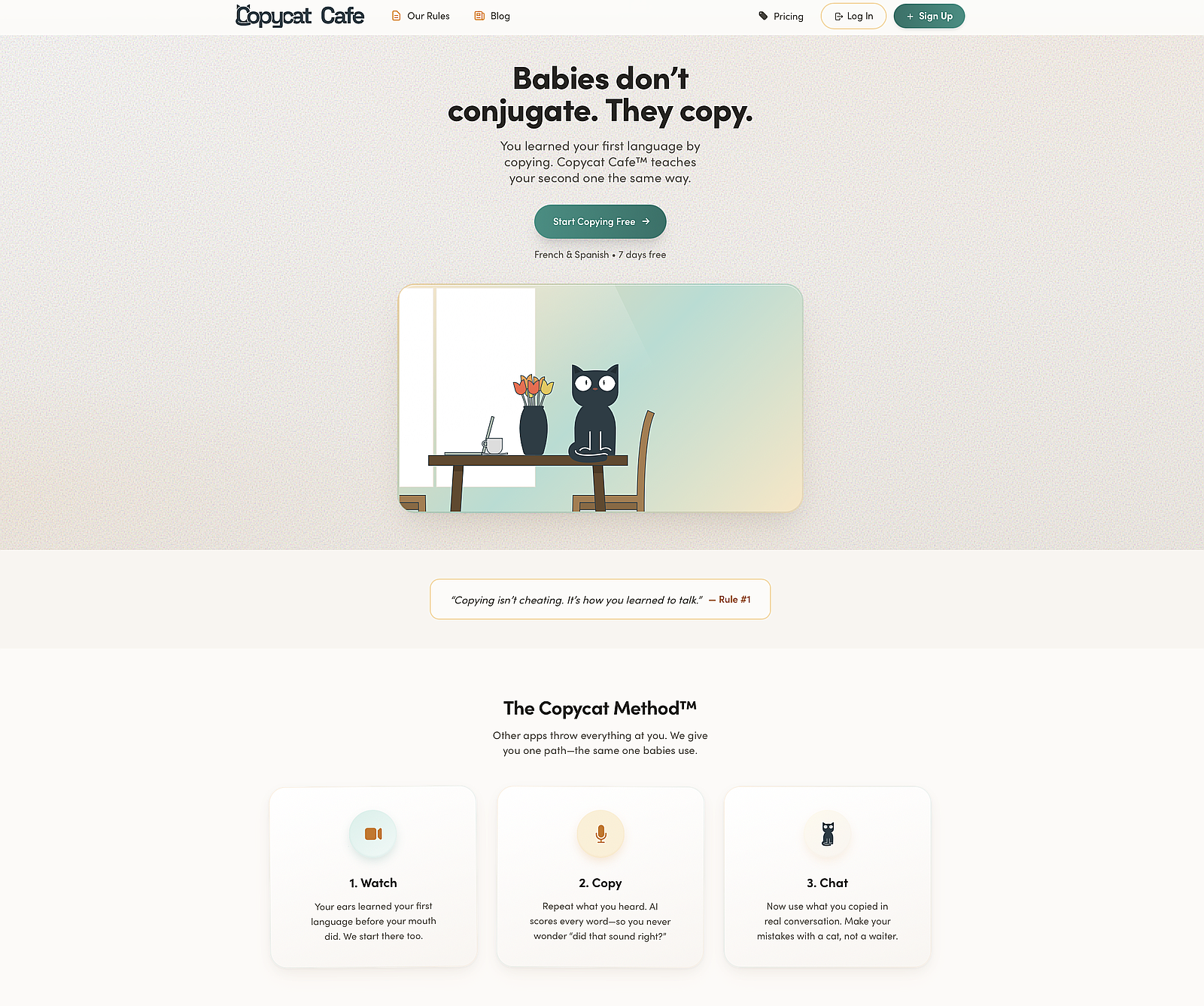 Copycat Cafe homepage showing the Copycat Method for learning Spanish: watch native conversations, copy the lines out loud, and chat with AI conversation practice