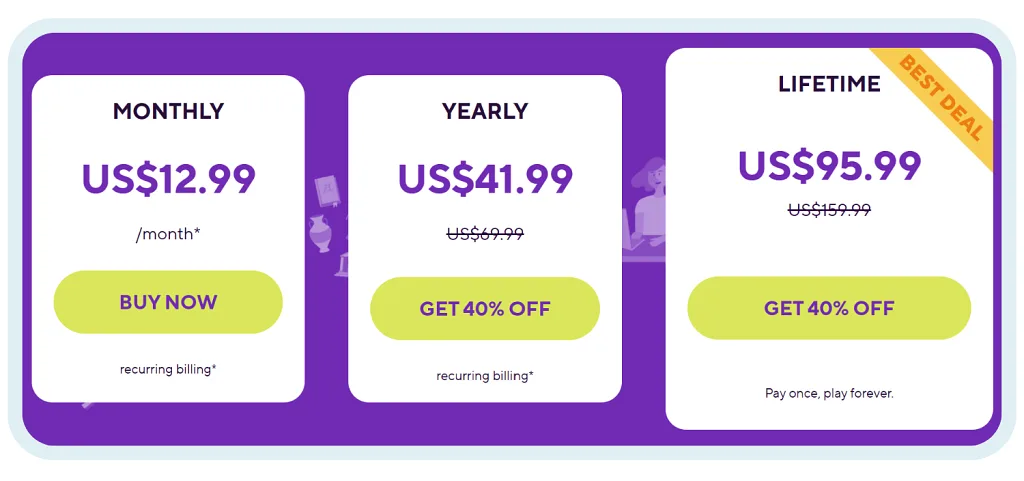 Drops offers monthly, yearly, and lifetime plans.