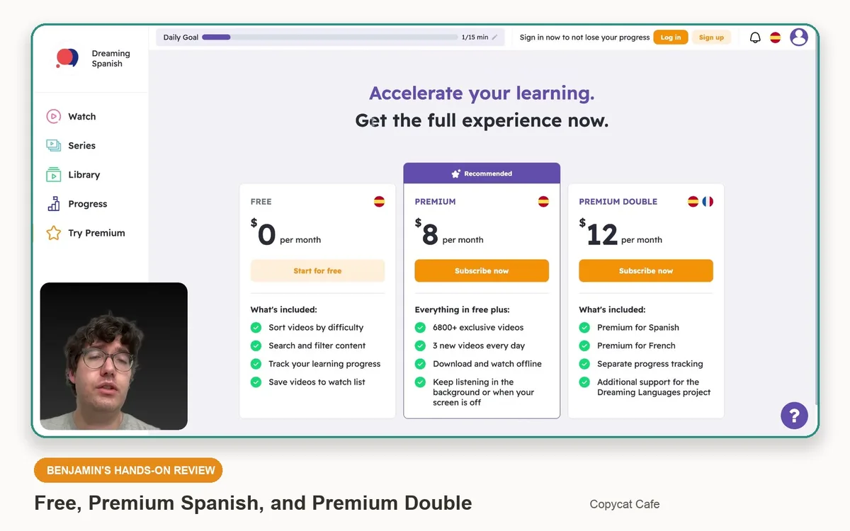 Benjamin reviewing Dreaming Spanish Free, Premium, and Premium Double pricing