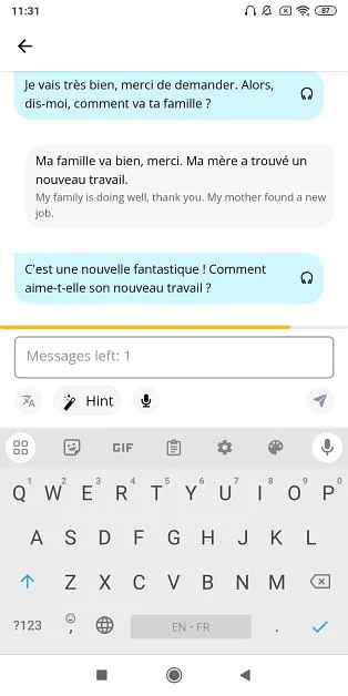 Memrise AI mobile conversation showing a correct French response about family