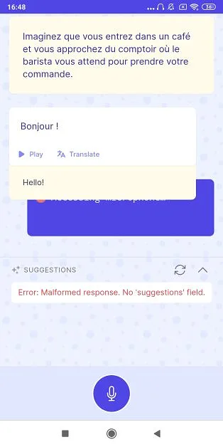 Gliglish mobile app displaying an error message during a French conversation session