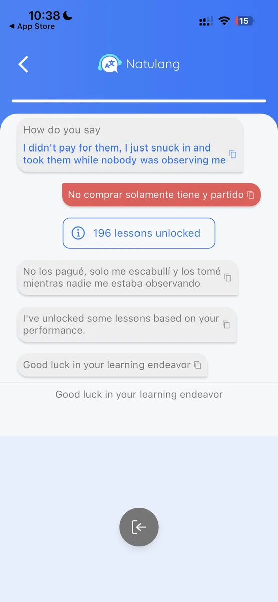 Natulang placement test result showing 196 Spanish lessons unlocked