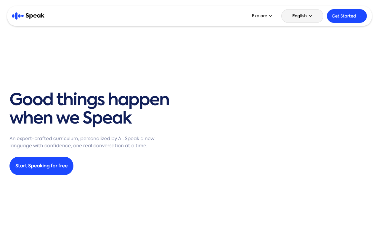 Speak homepage presenting AI-personalized speaking practice and real conversation