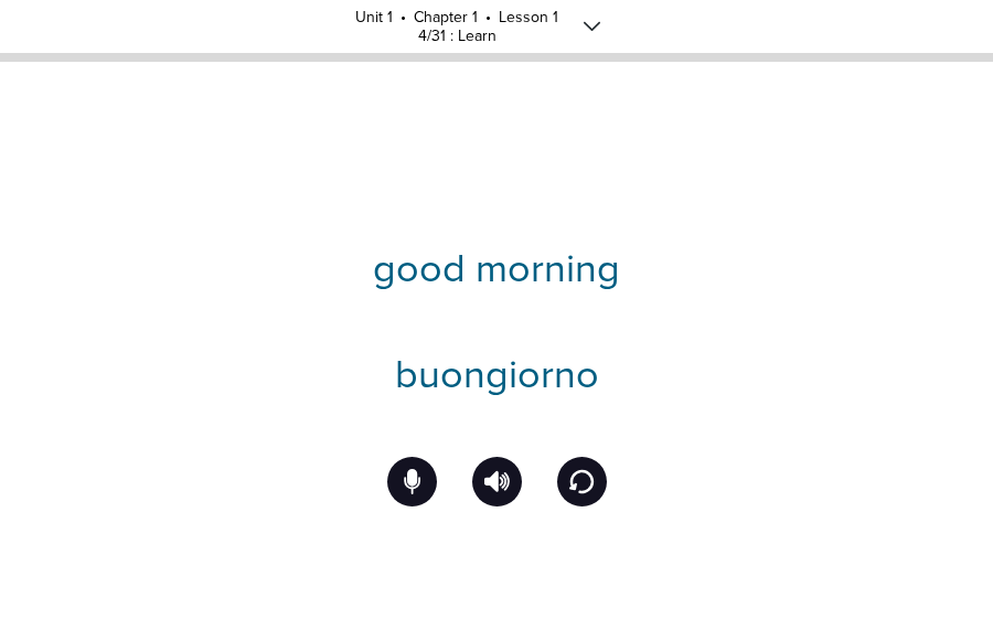 Mango Italian lesson showing a translated phrase with listening, recording, and replay controls